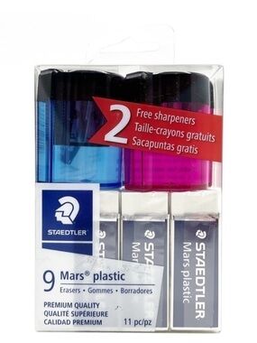 Staedtler Set of 9 Mars Erasers & 2 Manual Pencil Sharpeners Blue & Pink New NWT